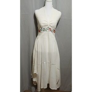 White Floral Embroidered Halter Dress Smocked Back Handkerchief Hem BohoSunDress